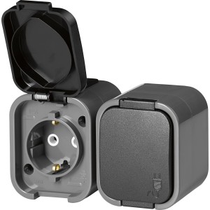 Graue 2-fach Feuchtraum-Steckdose IP54 mit Klappdeckel für Innen- und Außenbereich.