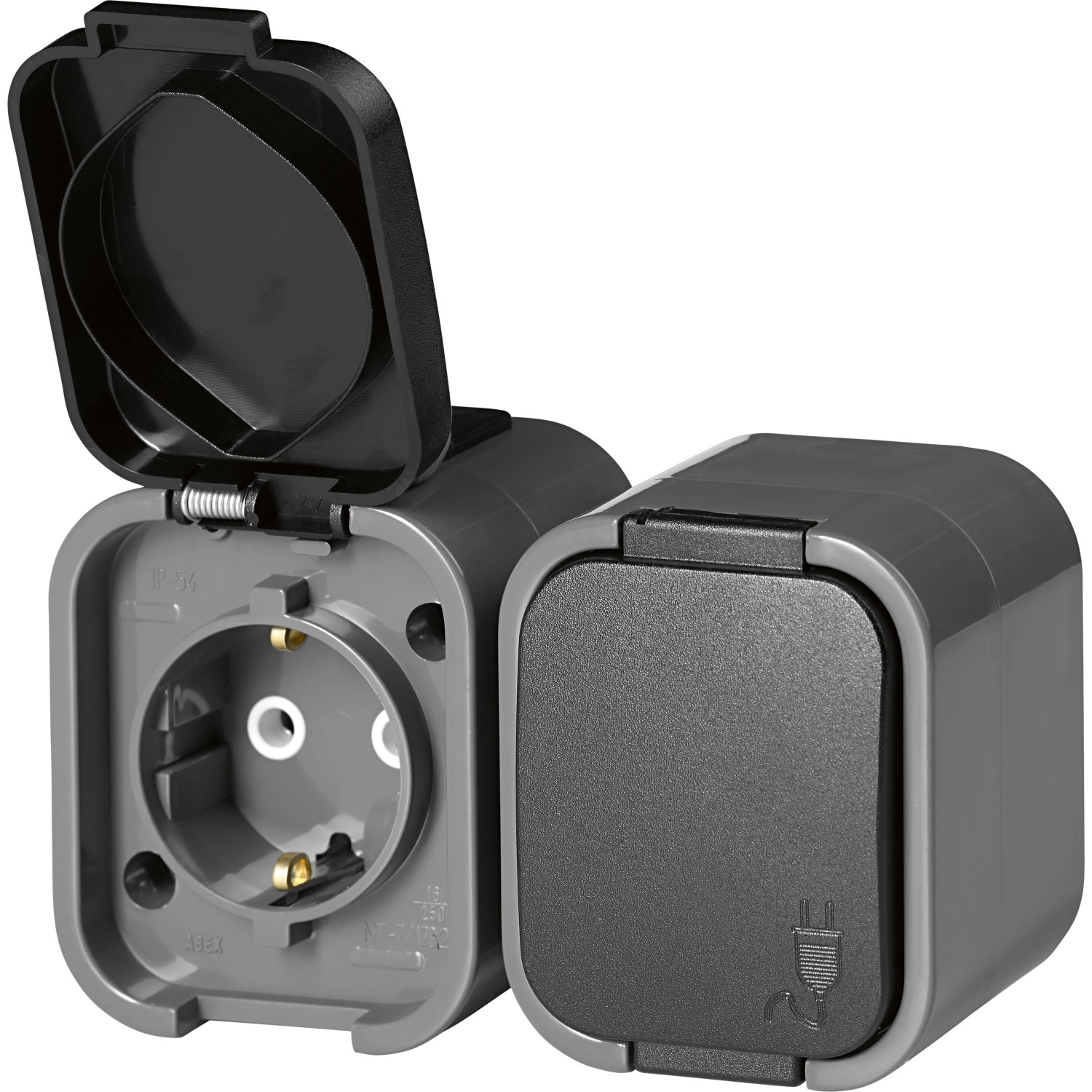 Graue 2-fach Feuchtraum-Steckdose IP54 mit Klappdeckel für Innen- und Außenbereich.