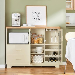 SoBuy Buffet FSB81-MI: Küchenschrank mit Mikrowellenfach, Glas- und Weinregal in Beige.