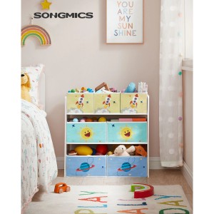 Weißes Songmics Kinderzimmerregal mit 7 bunten Stoffboxen für Spielzeug und Bücher.