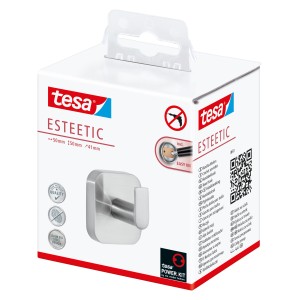 Tesa Esteetic Handtuchhaken in Edelstahloptik, verpackt. Rostfrei und einfache Montage.