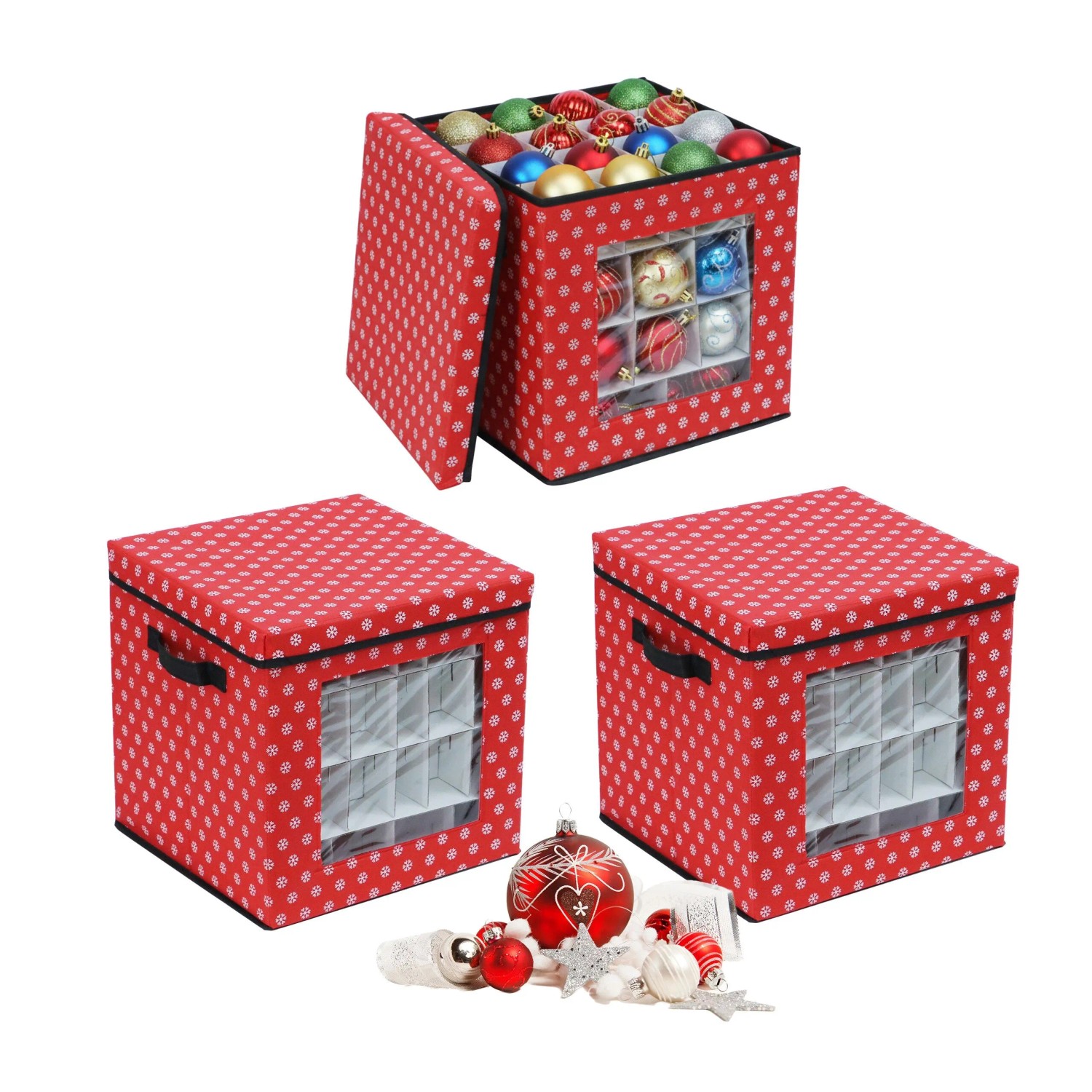 Relaxdays Weihnachtskugel Aufbewahrungsbox 3er Set Vlies Sichtfenster Tragegriffe Verstellbar 33 cm x 33 cm x 33 cm