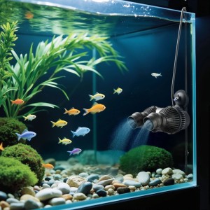 Schwarze Aquarium Strömungspumpe mit zwei Düsen, per Saugnapf befestigt, erzeugt Wasserströmung für Fische.