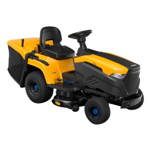 Gelber Stiga Akku-Rasentraktor Estate 384e mit Fangkorb für effizientes Mähen.