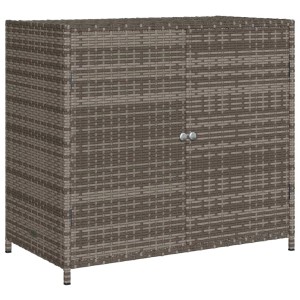 Grauer VidaXL Gartenschrank aus Polyrattan, 83x45x76 cm, für Gartenbedarf und Kissen.