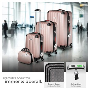 Tectake Hartschalenkoffer Set Cleo, 4-teilig in Roségold mit Trolleys, Beauty Case und Kofferwaage.