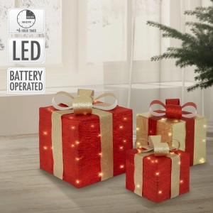 3er Set LED Geschenkboxen in Rot-Gold für stimmungsvolle Weihnachtsdekoration.