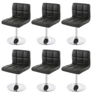 Sechs schwarze MCW Cadiz Esszimmerstühle im Set. Modernes Design mit Kunstlederbezug, quadratischer Steppung und verchromtem Drehfuß.
