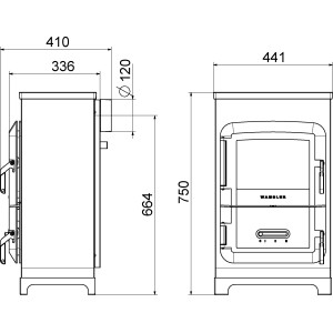 Technische Zeichnung Wamsler Werkstattofen RH 6F Lavendel, Maße und Anschlüsse für Installation.