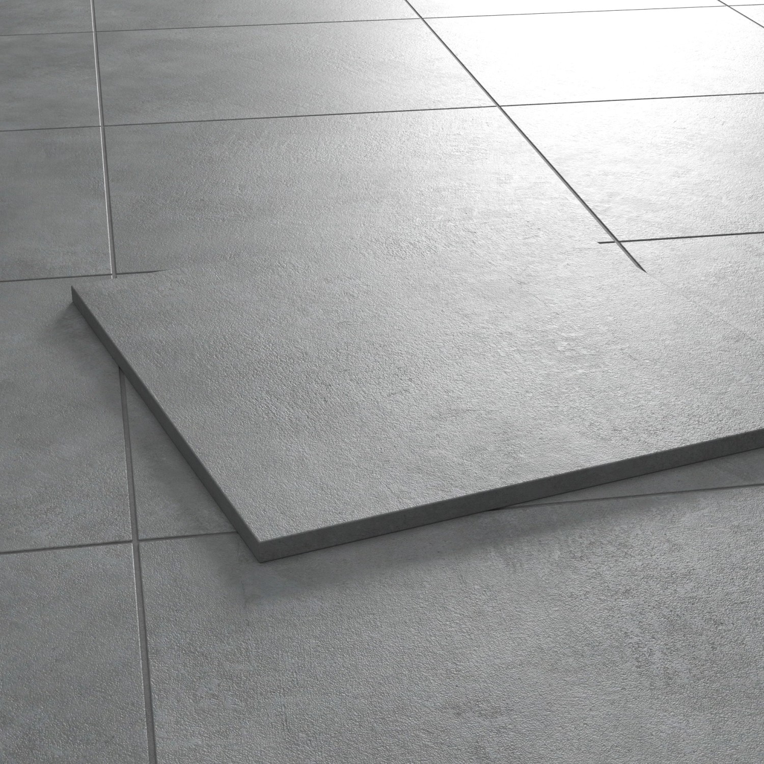 Helle, graue Feinsteinzeug Terrassenplatte Arctec, 60x60 cm, für Terrasse und Garten.