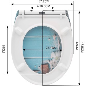WOLTU WC-Sitz Duroplast O-Form mit Absenkautomatik, maritimes Dekor auf blauen Brettern, inkl. Maße.