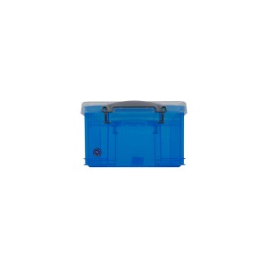 Transparente, blaue Clipbox (9 l) mit grauem Griff und Clips zur Aufbewahrung.