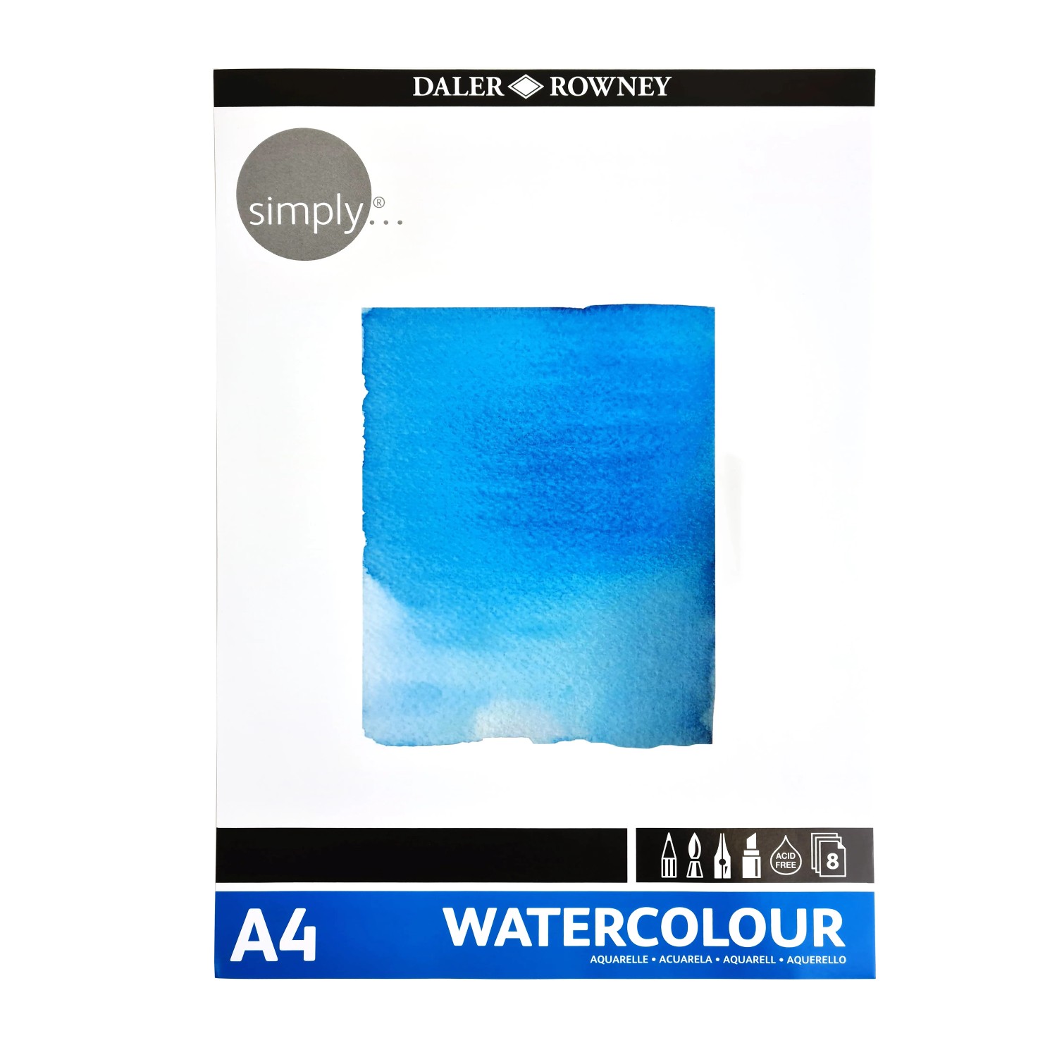 Daler-Rowney Aquarell-Set, 25-teilig, mit Farbbeispiel in Blautönen.