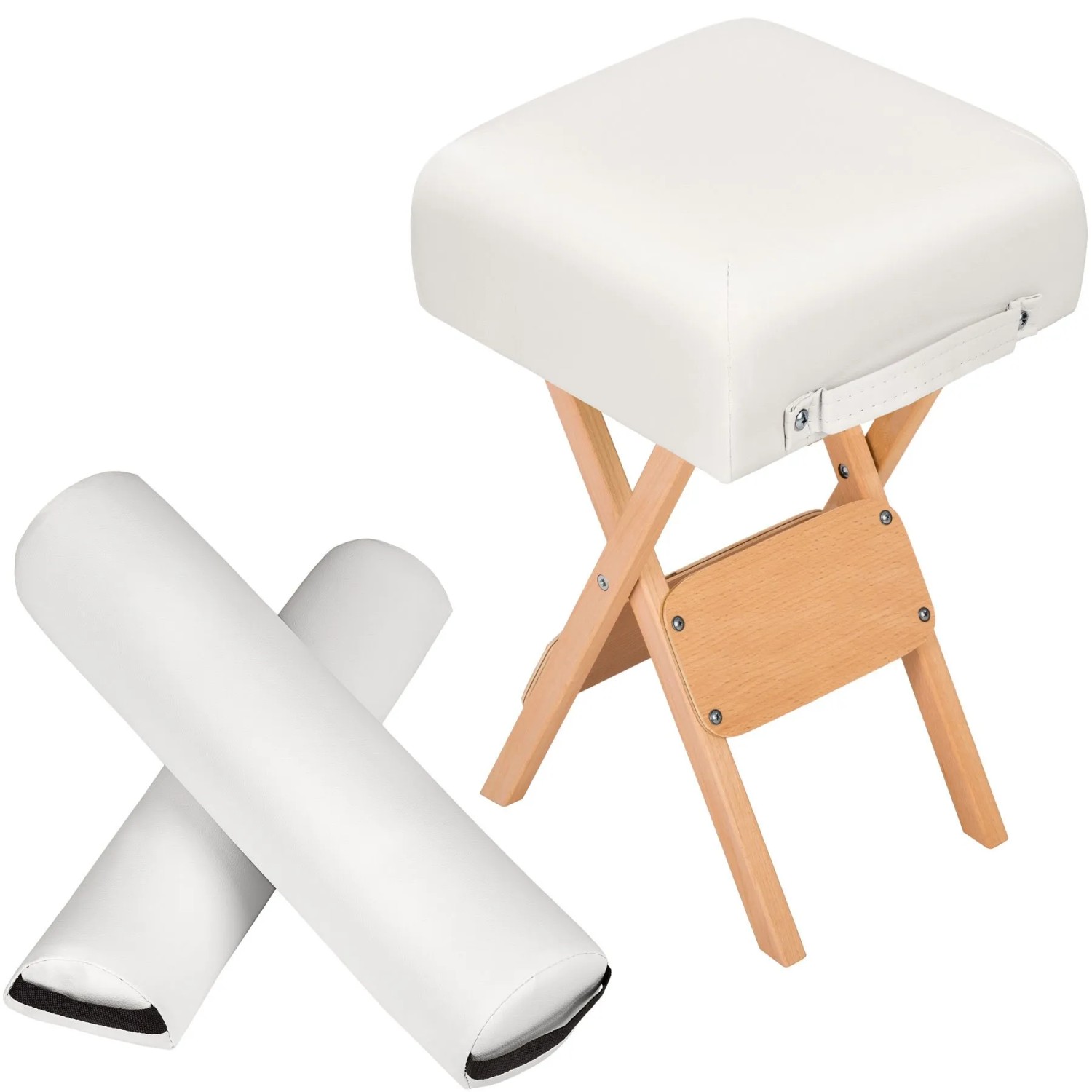 Tectake Hocker Mit 2 Lagerungsrollen Aus Holz Und Kunstleder Klappbar Praktische Tragegriffe 34 X 34 X 54 Cm Weiß