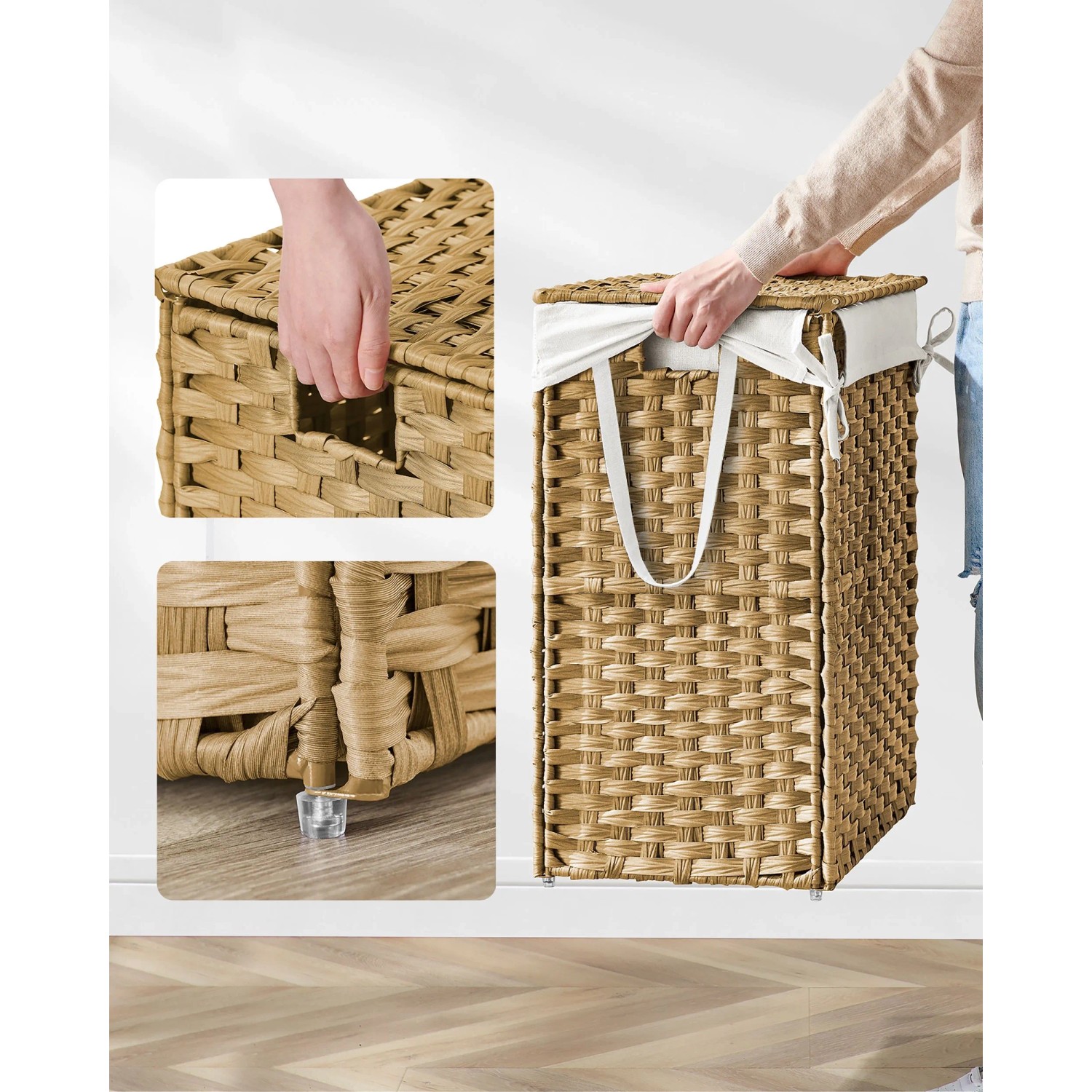 Songmics Wäschesammler Eliott, 90 l, Natur, geflochten mit Deckel und Wäschesack.