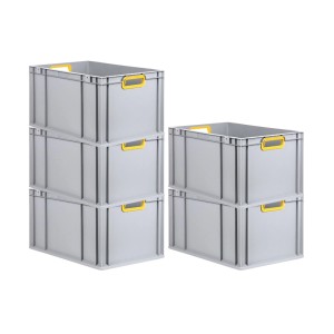 PROREGAL Eurobox Sparset, 5 graue Aufbewahrungsboxen (65L) mit gelben Griffen, gestapelt.