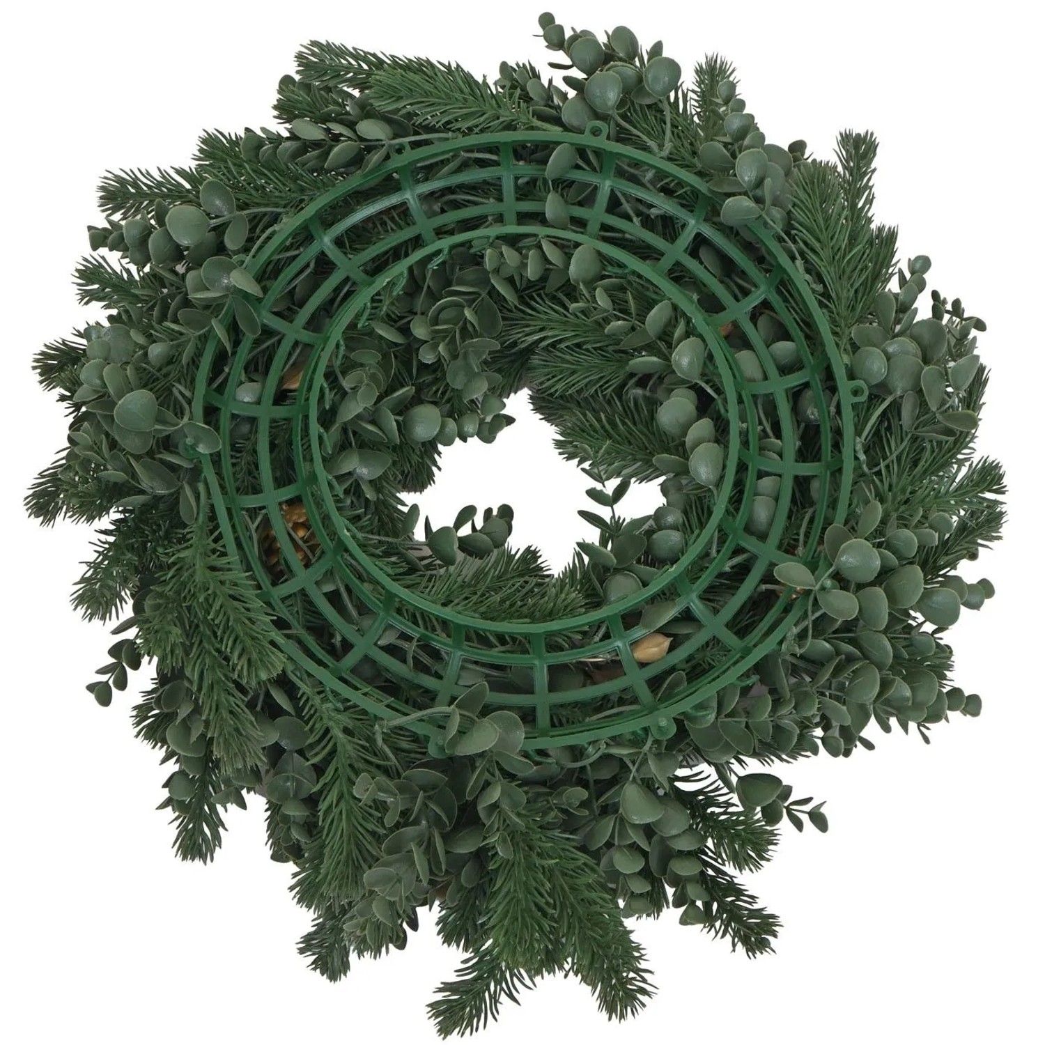 Rückseite des künstlichen Deko-Kranzes Ø 45cm mit grüner Kunststoffbasis und Tannenzweigen.