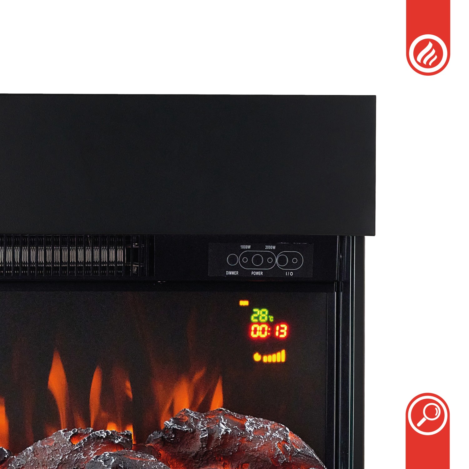 Detailaufnahme: Schwarzer Kaminio Elektrokamin Henri mit 3D-Flammeneffekt und Bedienelementen.