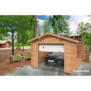 Palmako Holzgarage Roger mit Sektionaltor, braun, mit Auto. Fertiggarage aus Holz mit Fenster.