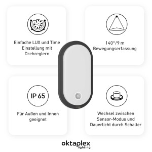 Oktaplex Plato LED Lampe Anthrazit mit Bewegungsmelder für Aussen, ovales Design.