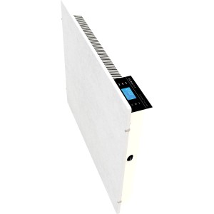 Wand-Stein-Radiator Moonstone, ein elektrisches Heizgerät mit digitalem Display und Timerfunktion.