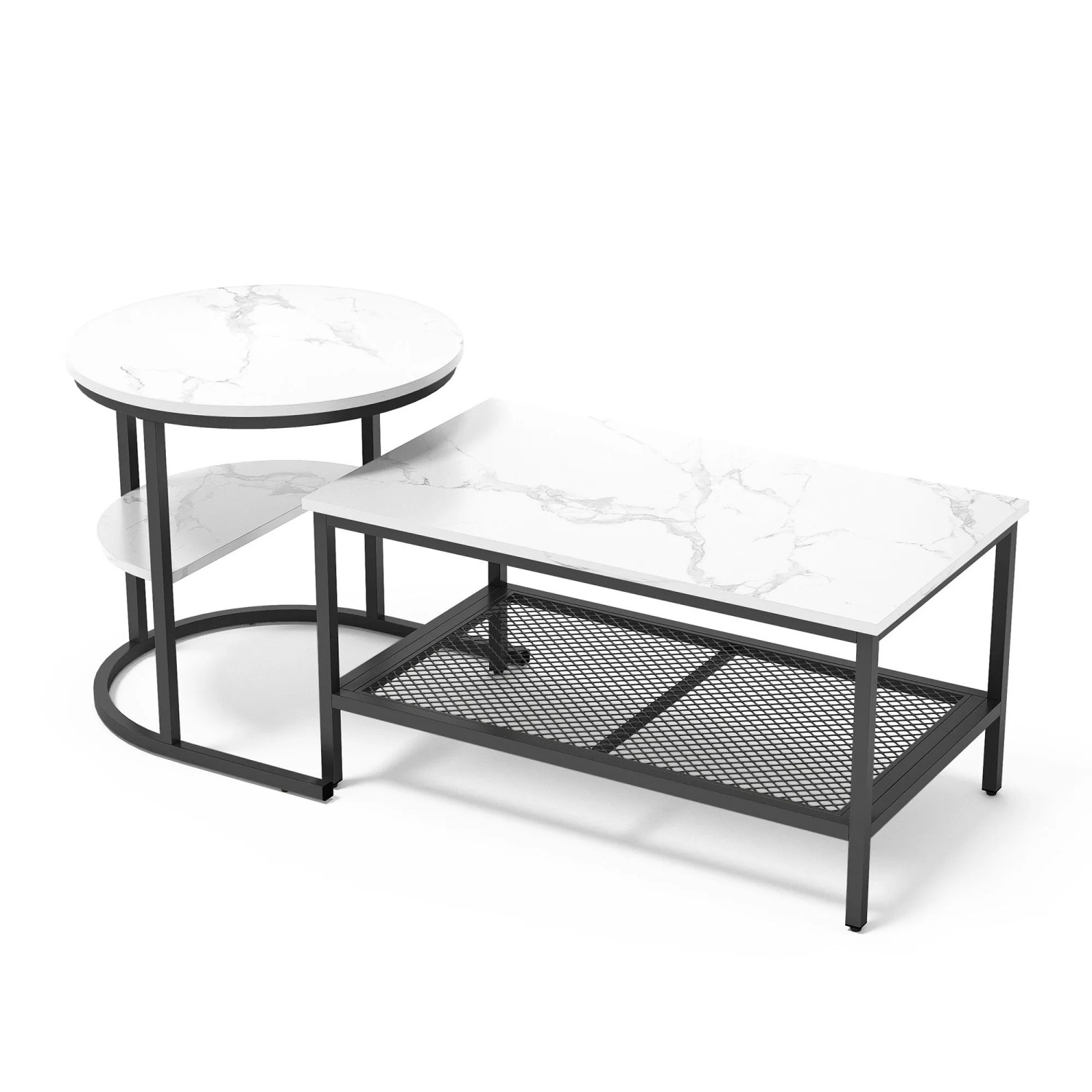 PXloue Wohnzimmertisch Couchtisch 2er Set mit Einlegeboden-Satztisch mit Metallrahmen