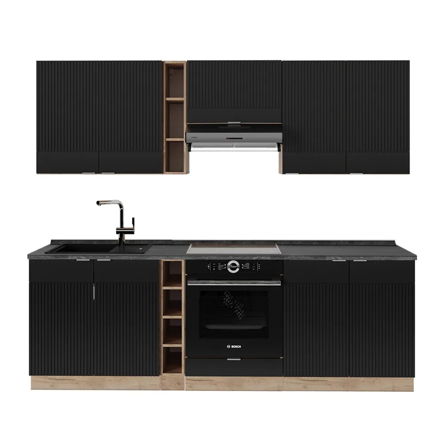 Vicco Fame-Line Küchenzeile Schwarz gestreift/Goldkraft Eiche 235 cm AP Anthrazit ohne E-Geräte