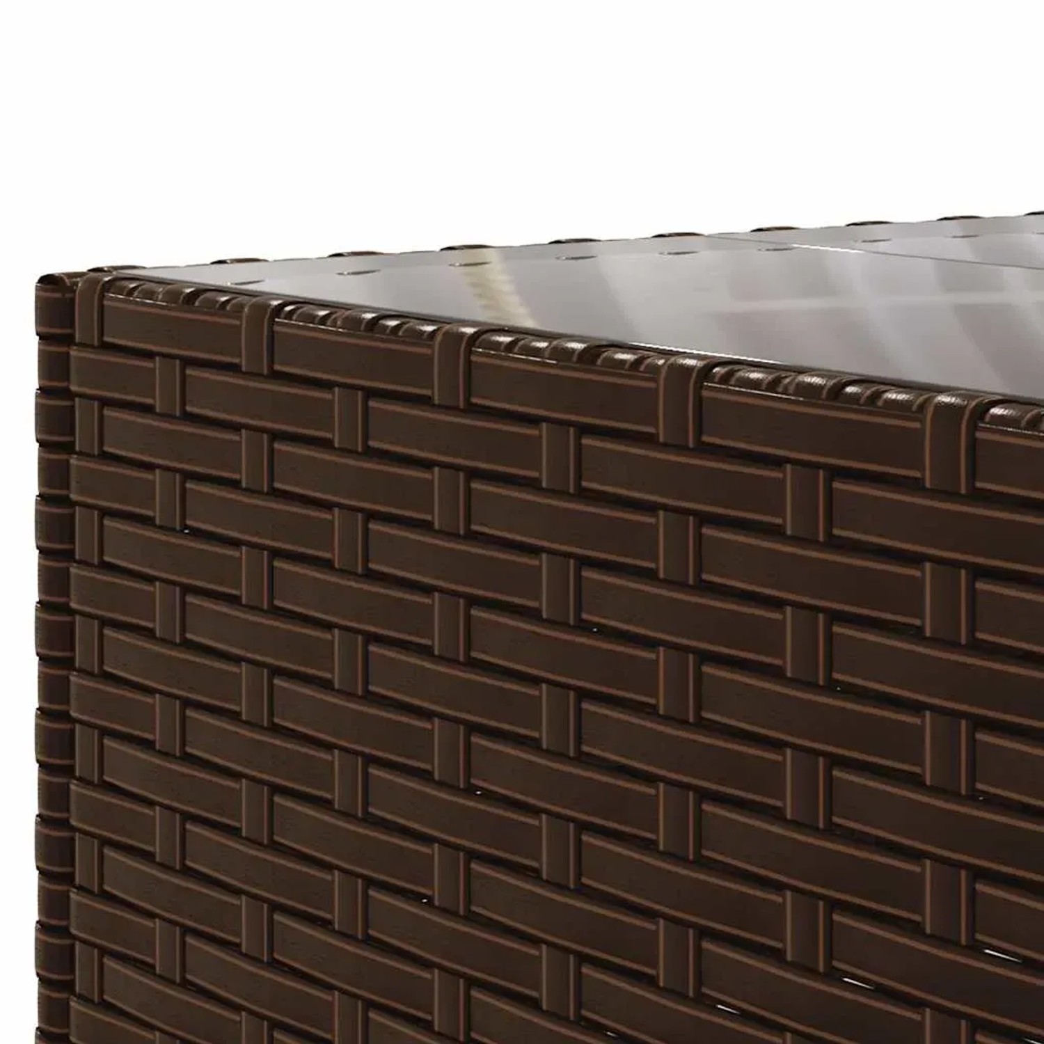 Detailansicht: Braunes Poly Rattan und Glasplatte des vidaXL Garten Lounge Sets.