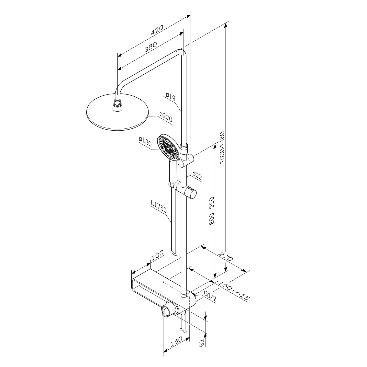 AM.PM Duschsystem X-Joy Chrom mit Kopf- und Handbrause, Regalmischer und Wannenarmatur.