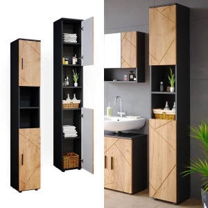 Vicco Badschrank Irma, Anthrazit/Goldkraft Eiche, 30x192 cm. Badregal mit offenen Fächern und Türen.
