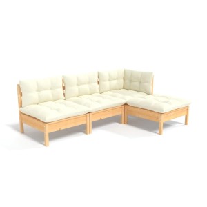 4-tlg. Garten Lounge Set aus Kiefernholz mit creme Kissen. Modulares Gartenmöbel Set.