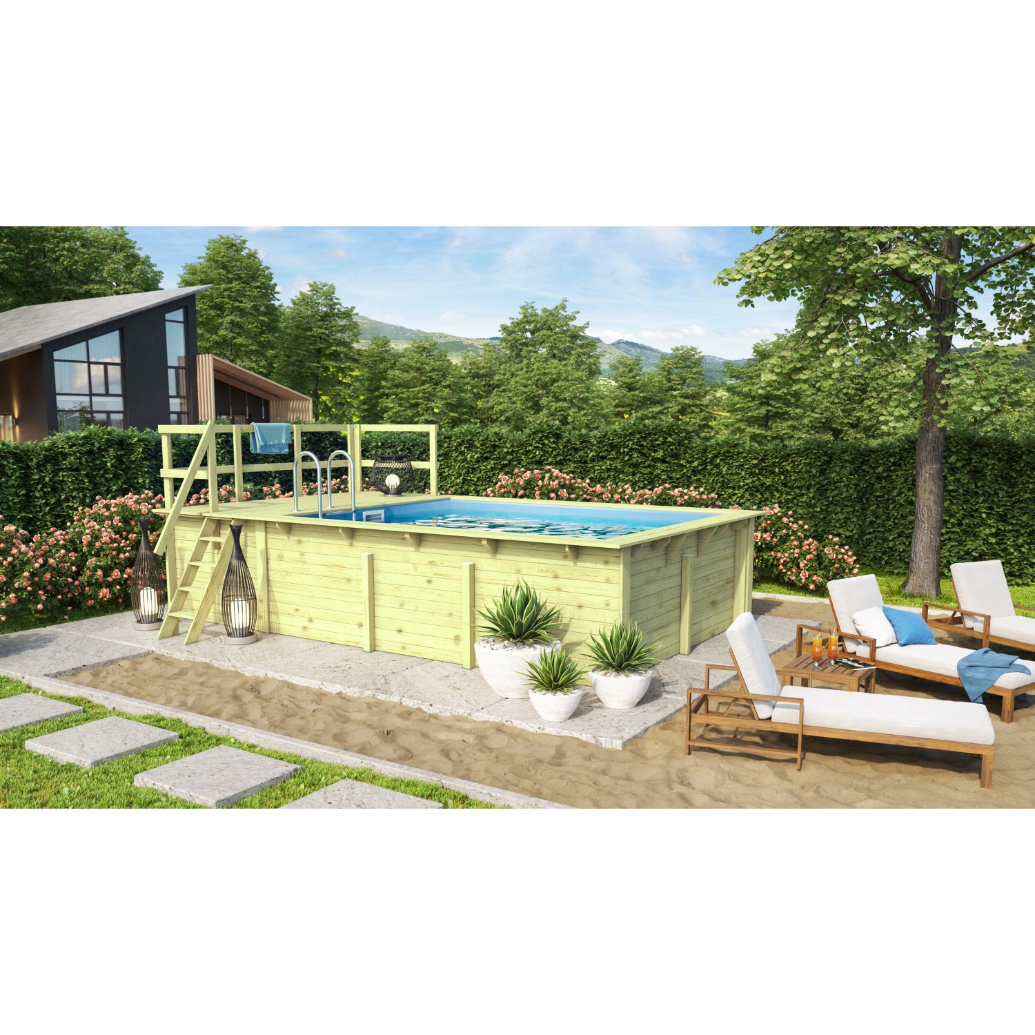 Karibu Pool 2 44 mm Set KDI mit Sonnenterrasse