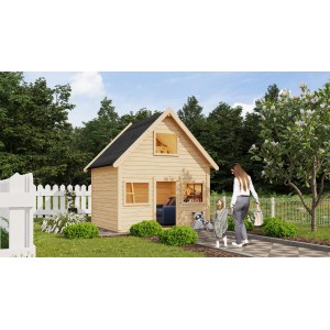 Naturbelassenes Karibu Spielhaus Kalle im Garten mit Mutter und Kind. Holzhaus mit Fenster und Tür.