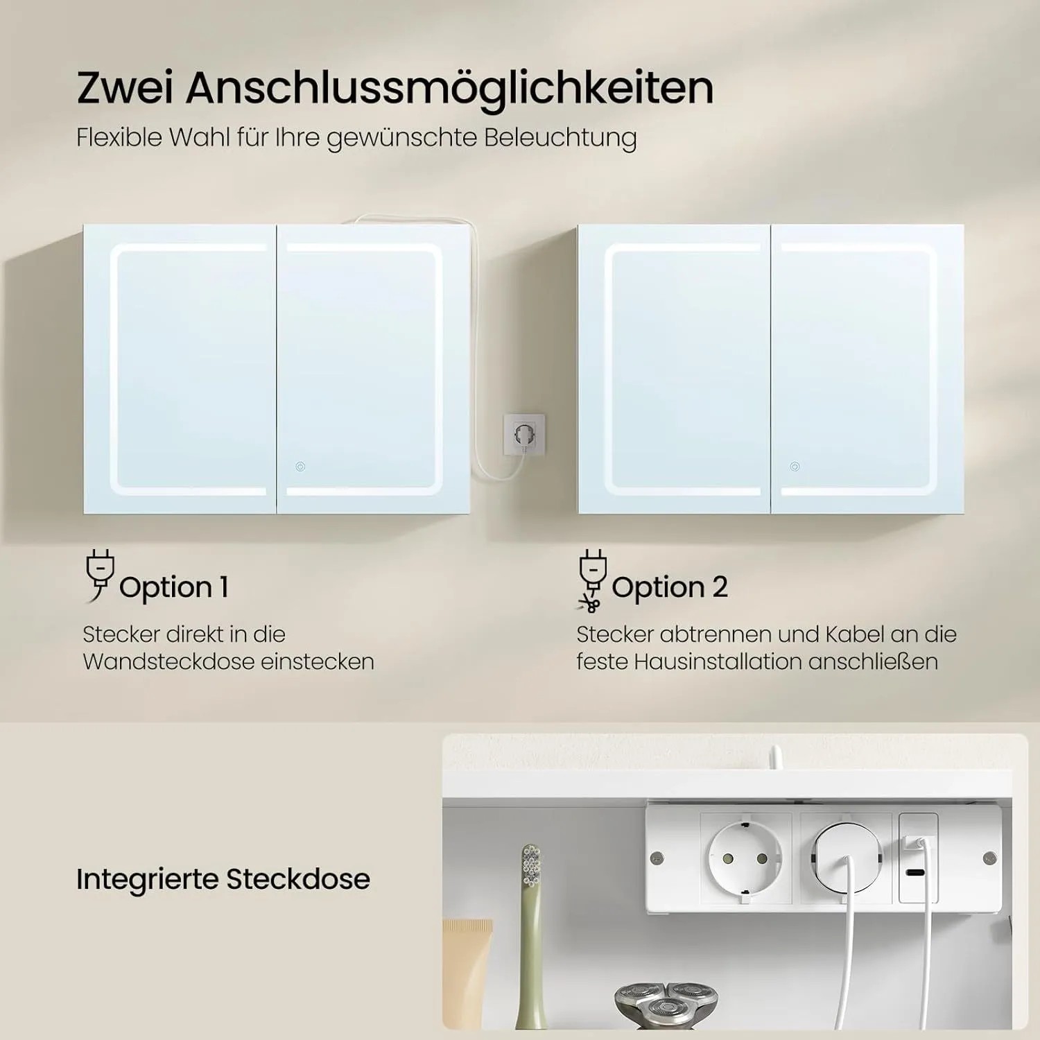 EUGAD Spiegelschrank: Zwei Anschlussoptionen für Beleuchtung, integrierte Steckdosen für Ladegeräte und Geräte.