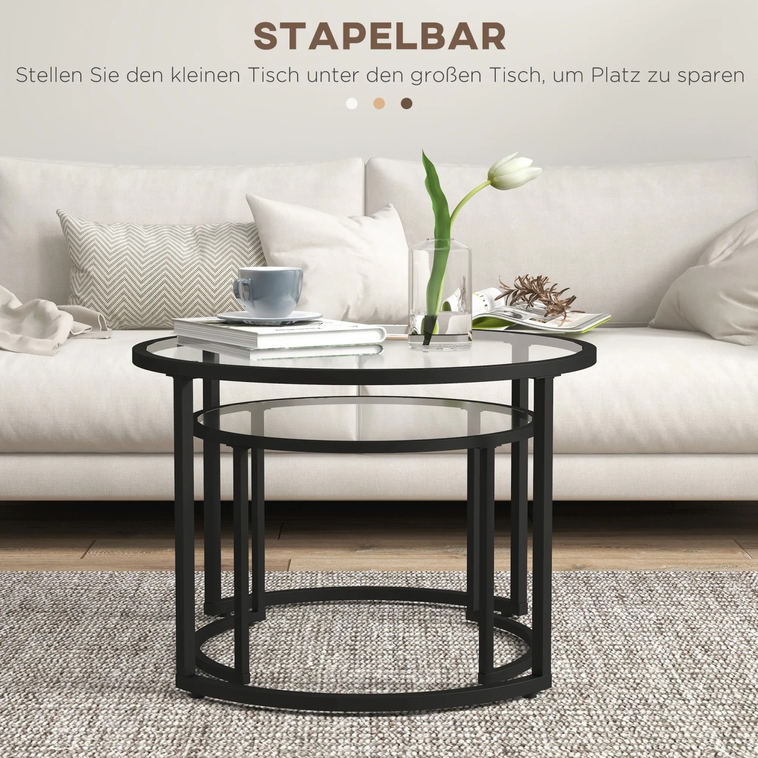 HOMCOM Couchtisch 2er-Set, stapelbar, mit schwarzem Gestell und Hartglasplatten.