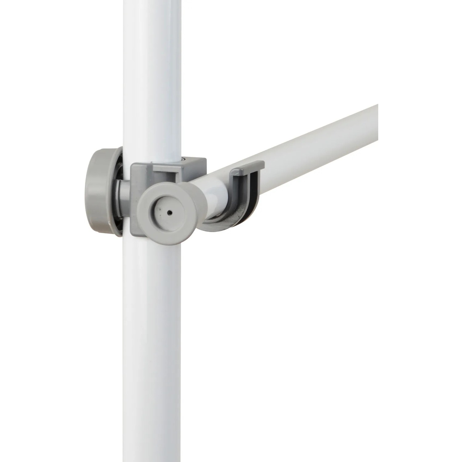 Detailaufnahme: Weiße Stange des Wenko Teleskop-Garderobensystems Herkules Basic mit grauen Verbindungselementen.