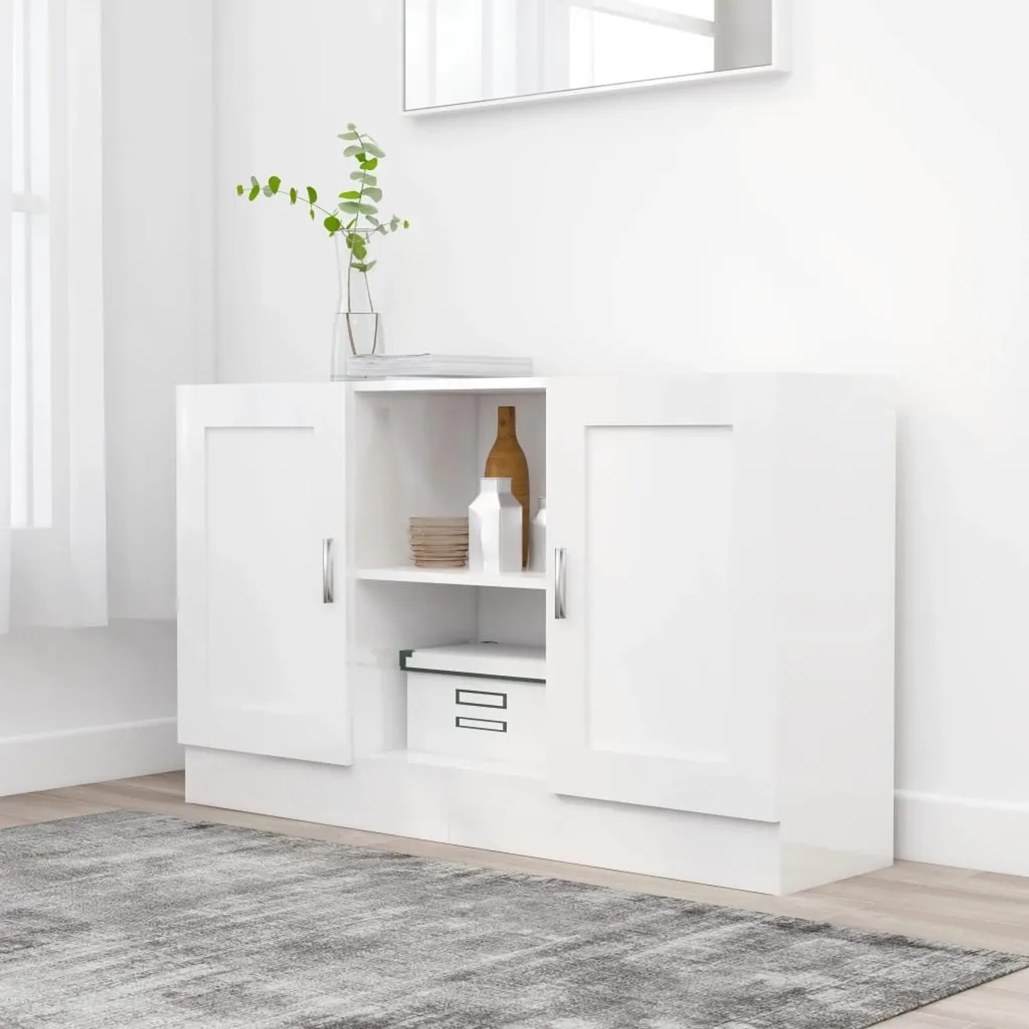 Weißes vidaXL Sideboard (120x30,5x70 cm) aus Holzwerkstoff mit zwei Türen und Fächern. Wohnzimmerschrank.