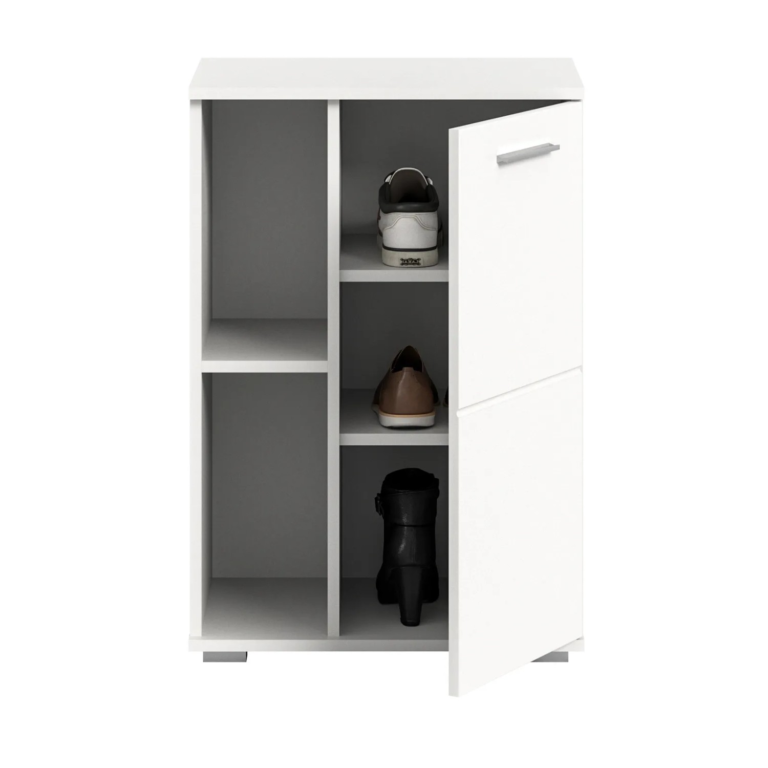 Weißer Hochglanz Schuhschrank Grazie, 55 cm, mit 2 offenen Fächern und Tür. Bietet viel Stauraum.