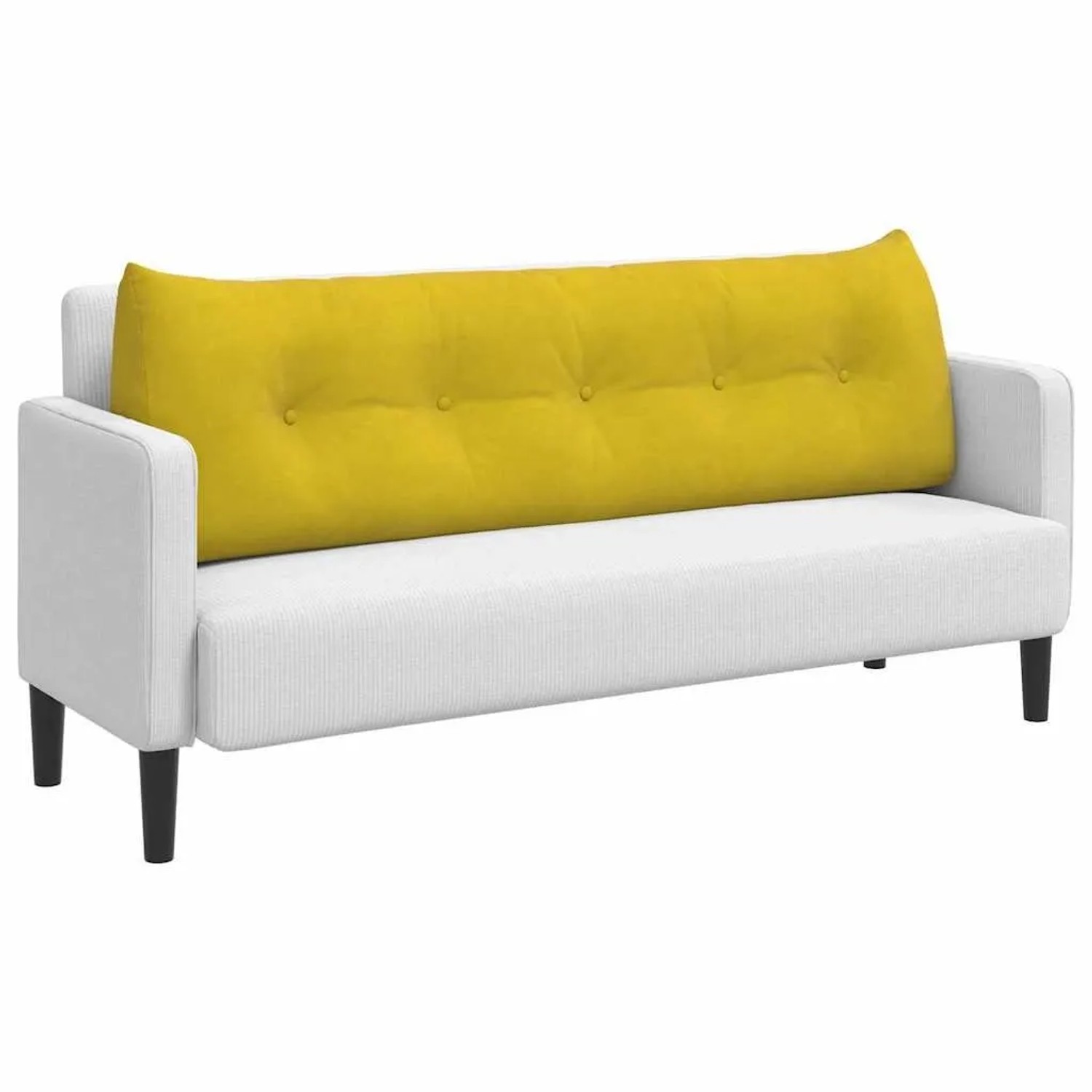 Gelbes Samt-Rückenkissen, 160 cm, mit Knopfheftung auf weißem Sofa. Ideal für Komfort & stilvolle Dekoration.