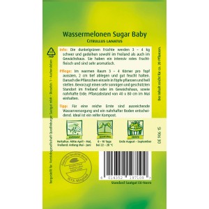 Samentüte Quedlinburger Wassermelone Sugar Baby, dunkelgrüne Früchte für Freiland und Gewächshaus.