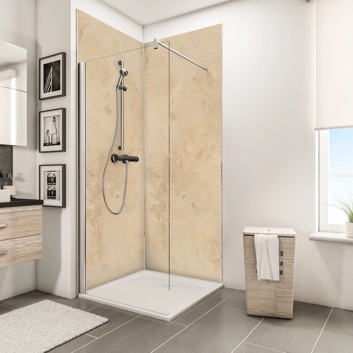 Schulte Duschrückwand Decodesign Stein Kalkstein hell, 210x100cm im Badezimmer.
