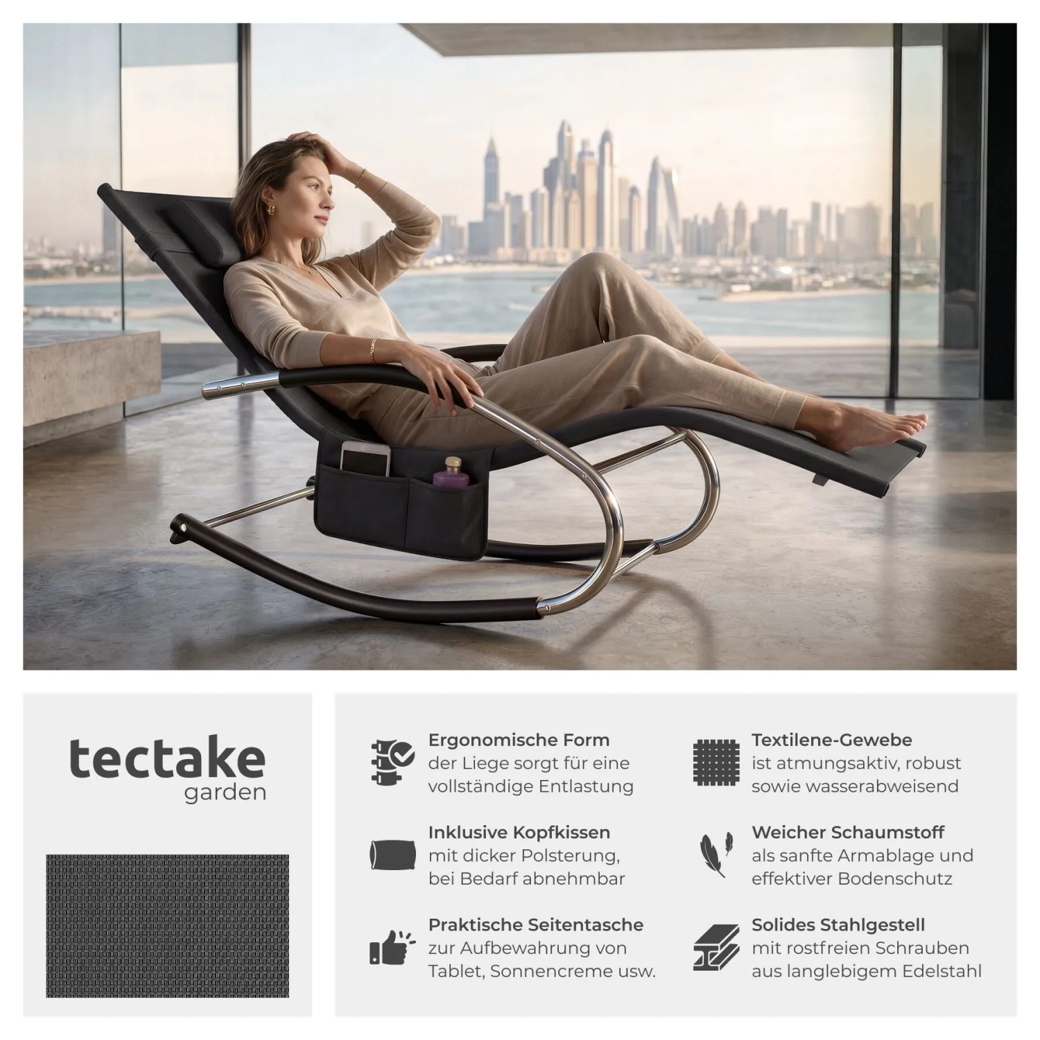 Tectake Gartenliege Taya Ergonomisch Mit Komfort Schwingbewegung Geschwungene Armlehnen Mit Schaumstoffpolsterung Pro Stück 142 x 62 x 92 cm Schwarz_2