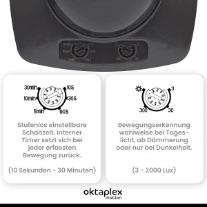 Oktaplex Tim 360° Präsenzmelder Außen, anthrazit, mit Einstellmöglichkeiten für Zeit und Helligkeit.