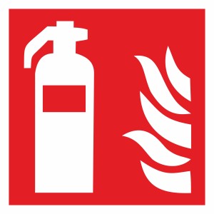 Warnschild Feuerlöscher: Weißes Symbol (Feuerlöscher, Flammen) auf rotem Grund, 14,8x14,8 cm.