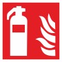 Warnschild Feuerlöscher: Weißes Symbol (Feuerlöscher, Flammen) auf rotem Grund, 14,8x14,8 cm.