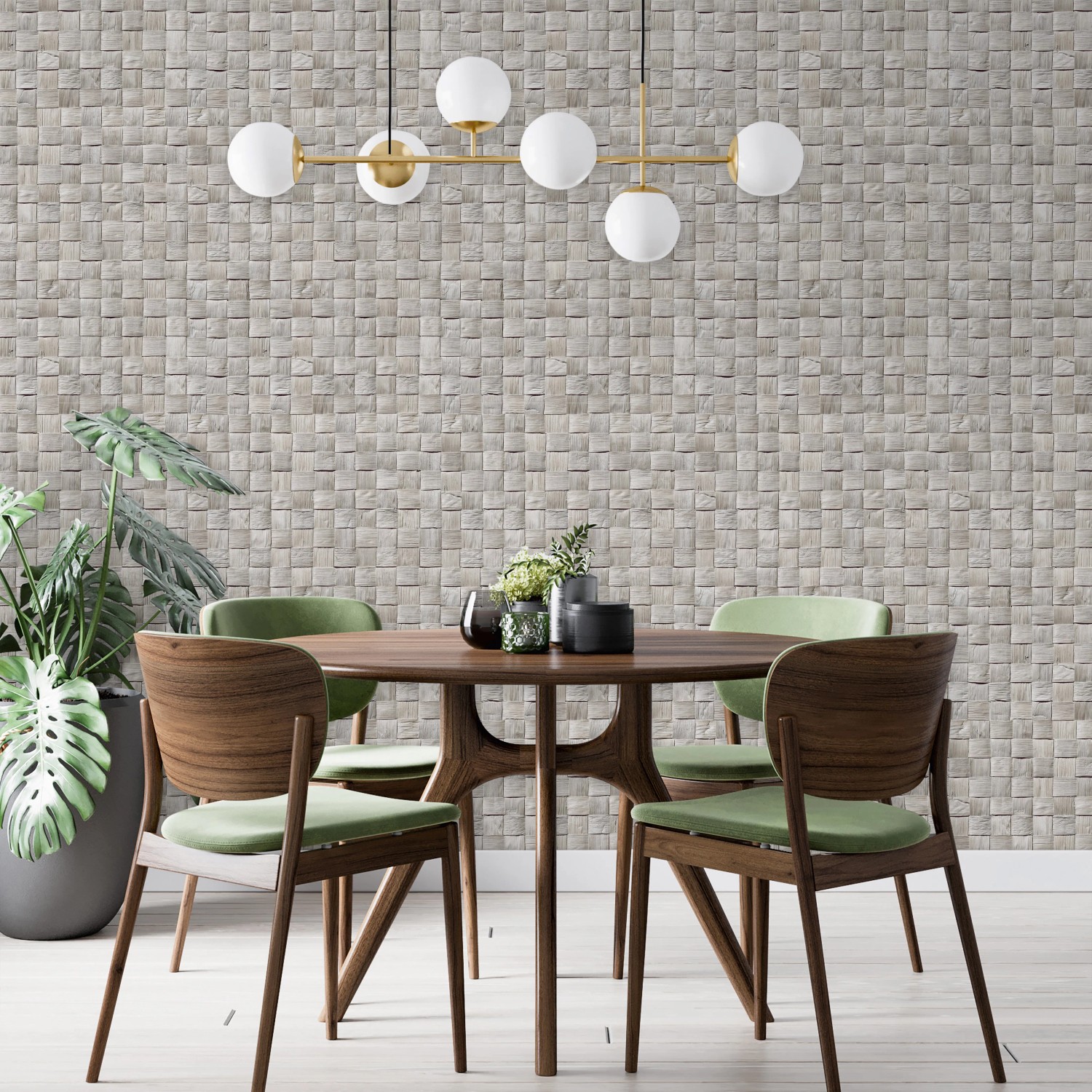 Moderne, graue Vliestapete mit 3D-Optik geflochtener Rechtecke von Marburg im Esszimmer.
