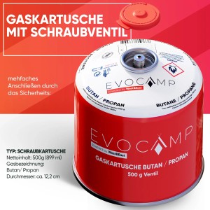 Evocamp Gaskartusche, 2er-Pack, 500g Butan/Propan mit Schraubventil für Campingkocher und Gasgrills.