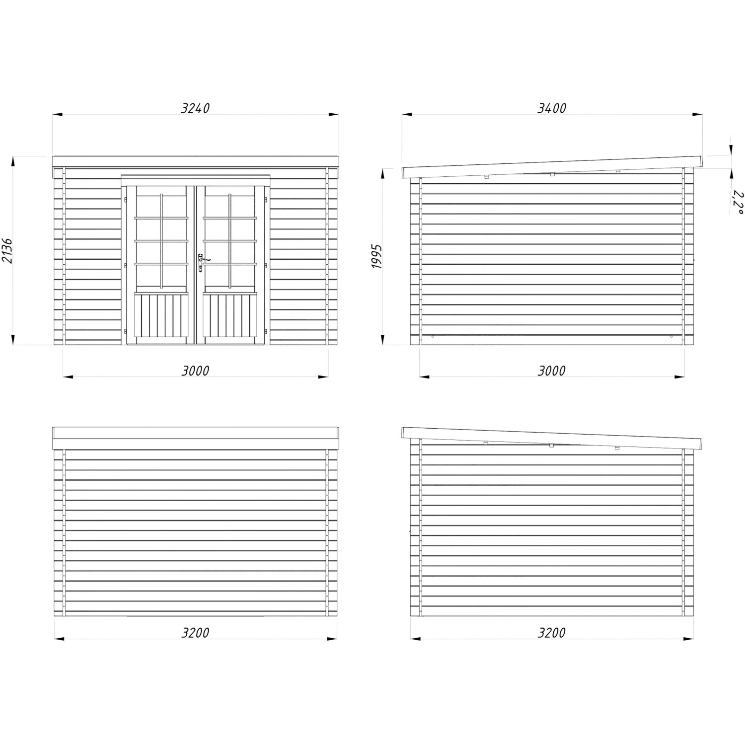 Technische Zeichnung Palmako Gartenhaus Ella, 300x300 cm, grau-weiß, mit Maßen.