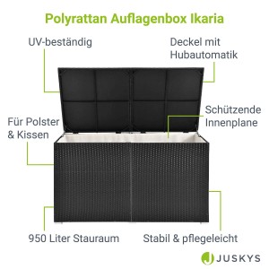 Schwarze Juskys Polyrattan Auflagenbox Ikaria mit Innenplane, ideal für Gartenmöbel.