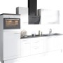 Moderne Optifit Küchenzeile Optikoncept Rurik 270 cm in Weiß mit E-Geräten und dunkler Arbeitsplatte.